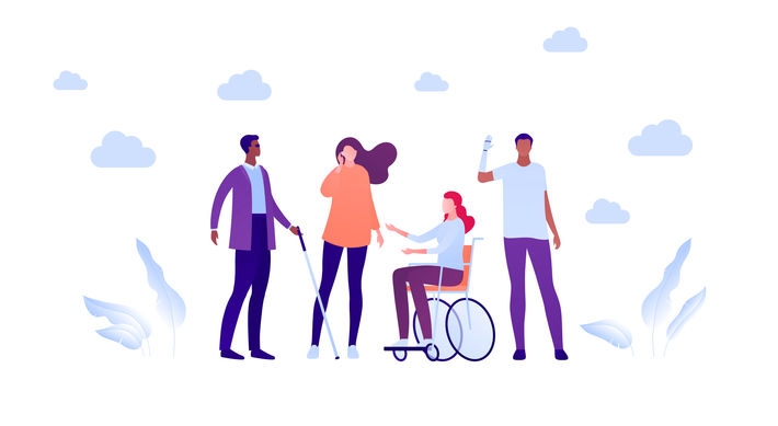 on the image is a group of four people, one with a blind cane, one with a hearing aid, a wheelchair user and a person with a prostetic arm.