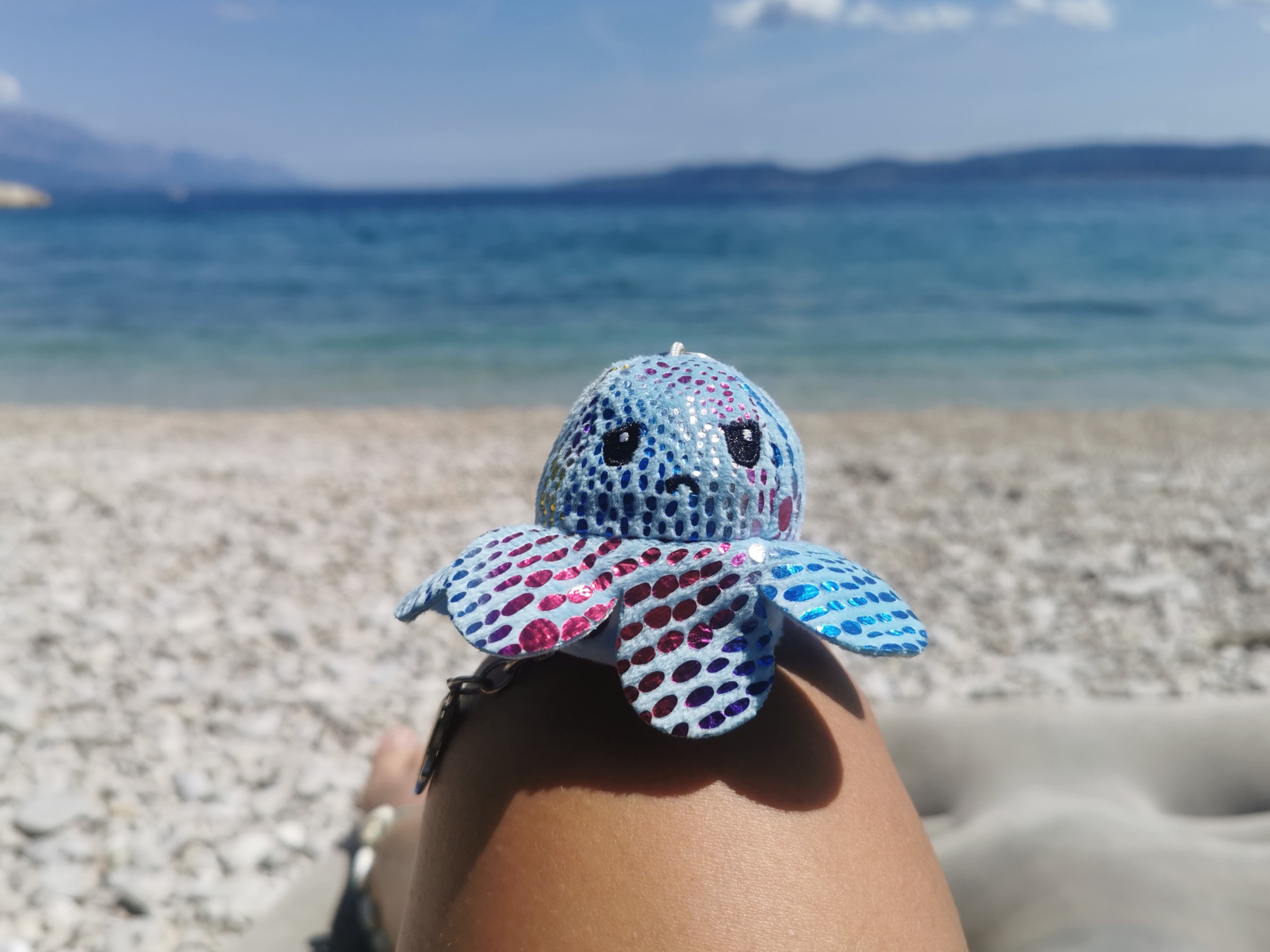 Ein grimmig schauender Stofftier-Oktopus sitzt auf dem Knie einer Badenden am Strand, im Hintergrund das Meer.